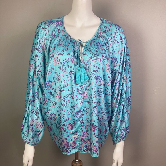 Sundance Tops - Sundance top blouse XS peasant floral blue dolamon boho silk blend